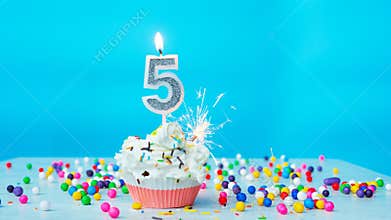 Beautiful congratulations on the birthday of a five-year-old child on a blue background, a card for 5 years happy birthday
