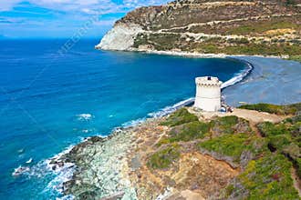 The black pebble beach of Nonza, in the Mediterranean island of Corsica. Long black beach is result of pollution from the abandone