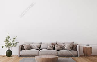 Mockup wall in farmhouse living room interior, beige sofa on white wall background