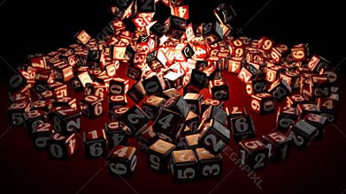 Numerology falling cubes with numbers create a magic circle. Depth of field. Artistic red background. 3D animation.