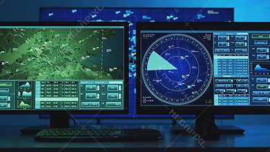 Workplace of the professional air traffic controller in the control tower. Radar, computer navigation and digital maps.