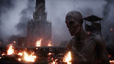 Zombie in a burning ruined Moscow apocalyptic city. Russian Armageddon view. 4k animaton