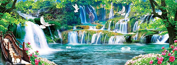 3d mural colorful landscape . flowers branches multi colors with trees and water . Waterfall and flying birds . suitable for print