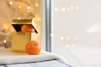 Tangerines box for christmas. Free white space on the right for the text. Christmas lights in the background.