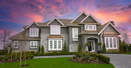Expensive Mansion Home House Maison Rock Stucco Front Exterior Pink Cloudy Sunset Sky Background