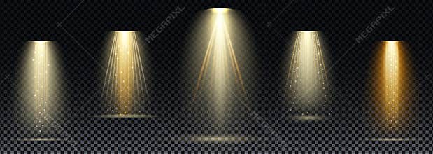 Gold spotlight. Bright lighting with spotlights of the stage on transparent background.