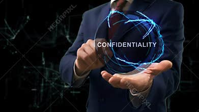 Businessman shows concept hologram Confidentiality