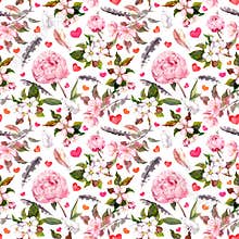 Peony flowers, feathers, hearts. Seamless floral pattern for Valentine day, wedding