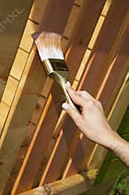 Woman's hand with brush painting wooden terrace