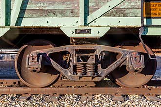Train wheels on an old box car. Nanton Alberta Canada