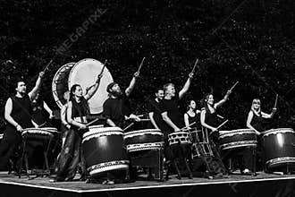 Performers group playing ceremonial japanese drums. Wish list for 2021 concept.