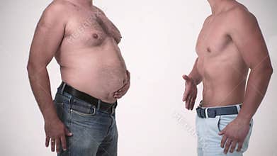 Weight loss. Fat and slim man. Healthy sport body and fat unhealthy. Dieting. Fatness and obesity. Anorexia vs Fat