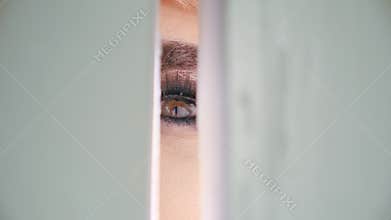 Curiosity eye girl looking slit door close up. Nosy person peeked secrets room.