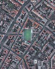 Soccerfield Football Field in Urban City Residential Neighborhood of Berlin, Germany, Aerial Birds Eye Overhead Top Down