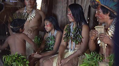 Brazil, Native American Dessana Tribe Family in Authentic Costumes. Amazonia