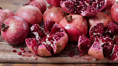 Ripe and juicy pomegranate fruits, whole and cut open