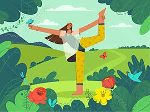 Happy young girl doing yoga asana at nature landscape