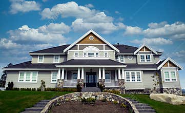 Expensive Suburban Home House Maison Porch Clouds Cumulus Sky Background