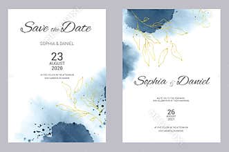 Watercolor wedding invitation cards. Floral poster, invite. Elegant wedding invitation with watercolor splash and gold