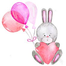 Bunny Valentine's Day with balloons and a valentine card Watercolor hand painted cartoon rabbit love clipart