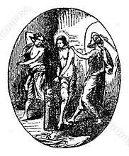 Vintage Antique Religious Biblical Drawing or Engraving of Flagellation of Jesus or Christ at the Column