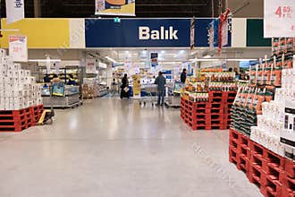 Fish station at Metro Cash and Carry hypermarket. Mersin, Turkey - December 2020