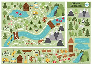 Camping map creator. Set of flat cartoon elements for constructing summer camp activity. Vector nature clip art with mountains,