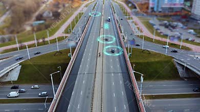 A train on a Autonomous Self Driving Cars Moving Through City Highway. Speed and identity Control System. Future
