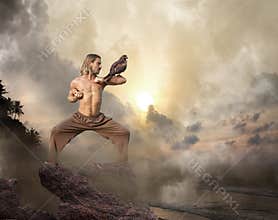 Man Practices Martial Arts with Bird