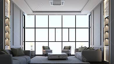 Interior design of modern luxury living room with white sofa and armchair set, grey wall decorate built-in