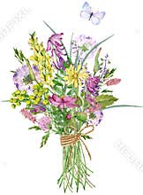 Watercolor wildflowers bouquet. Beautiful meadow flowers bunch with a blue butterfly. Floral arrangement.
