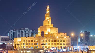Qatar Islamic Cultural Centre night timelapse in Doha, Qatar, Middle-East.