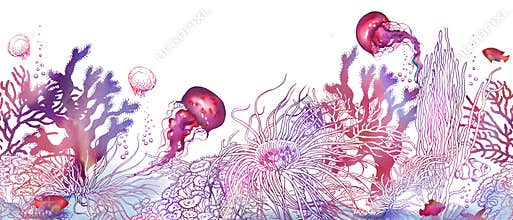 Seamless horizontal border with colorful corals and red jellyfishes.