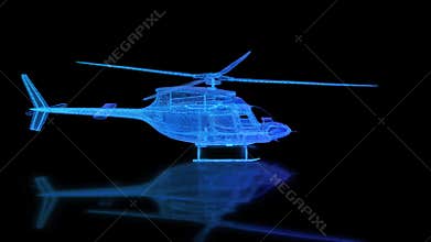Helicopter. Mesh formation of 3d Model. X-ray 4k video. Rotating hologram