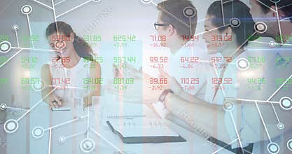Stock market data processing and microprocessor connections against office colleagues clapping