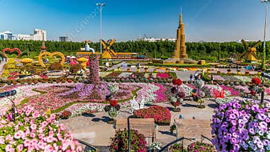 Dubai miracle garden timelapse with over 45 million flowers in a sunny day, United Arab Emirates