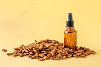 Nutritional supplements for pets. CBD oil and cannabis in bottle with dropper and food for animals