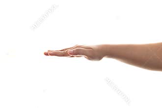Person hand in straight push down or hold gesture, side view