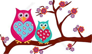 Mother & Baby Owls on a Blossom Branch