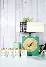 Farmhouse aesthetic kitchen scales with stack of books