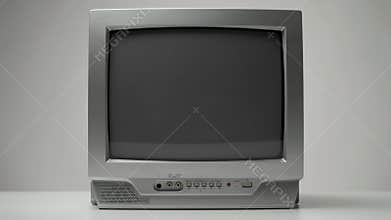 Old gray CRT TV shows interference and static noise, switching channels, turning off, on a light gray background. Empty broadcast