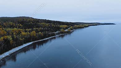 Drone flies along Lake Superior, Alona Bay, Great Lakes, Ontario, Canada