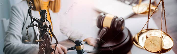 justice and law concept.Male judge in a courtroom on wooden table and Counselor or Male lawyer working in office. Legal law,