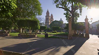 City center in Morelia. Green Park and Cathedral