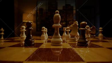 Professional chessman hand moves white bishop on chessboard