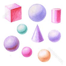 Watercolor geometric shapes: cube, cylinder, cone, ball.
