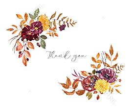 Rustic autumn floral bouquets. Watercolor colorful fall flowers, leaves. Wedding invitation
