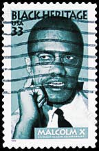 Postage stamp printed in United States shows Malcolm X, Black Heritage serie, circa 1999