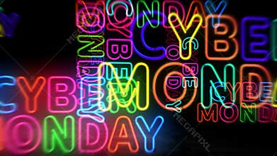 Cyber Monday neon symbol 3d flight between