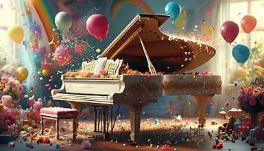 A grand piano sits in a brightly lit room, adorned with colorful balloons, confetti, and flowers.Generative AI